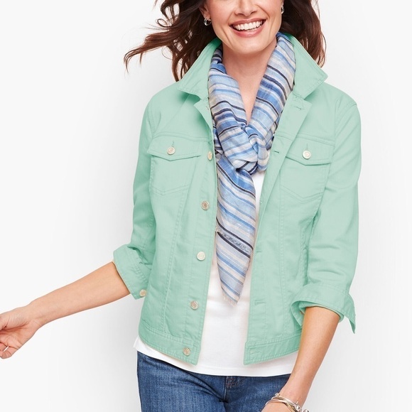 Talbots Classic Solid Stretch Denim Jean Jacket M Button Up Mint Green Casual - Picture 1 of 6